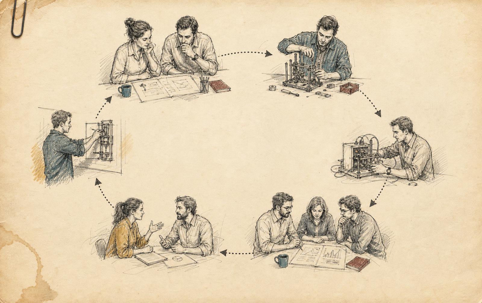 Desenho em papel de pessoas planejando, construindo, testando, avaliando e aprimorando uma solução em um ciclo contínuo