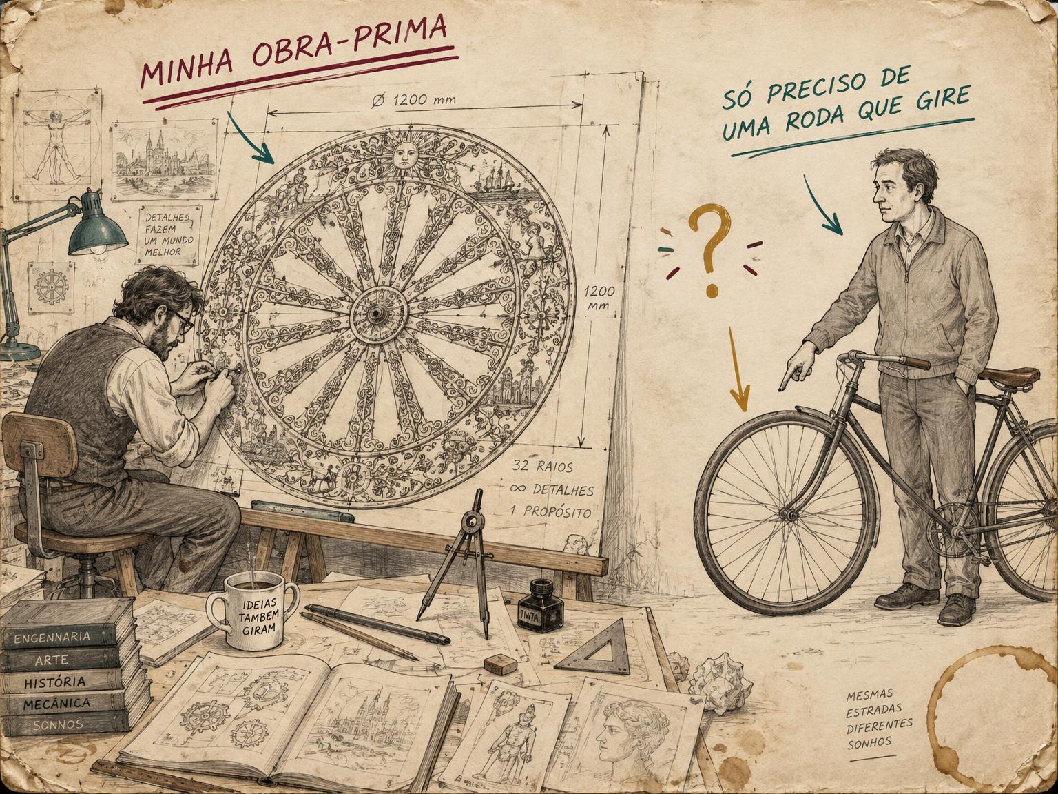 Desenho de um desenhista diante de uma roda gigante cheia de detalhes, enquanto uma pessoa com uma bicicleta simples pede apenas uma roda que gire